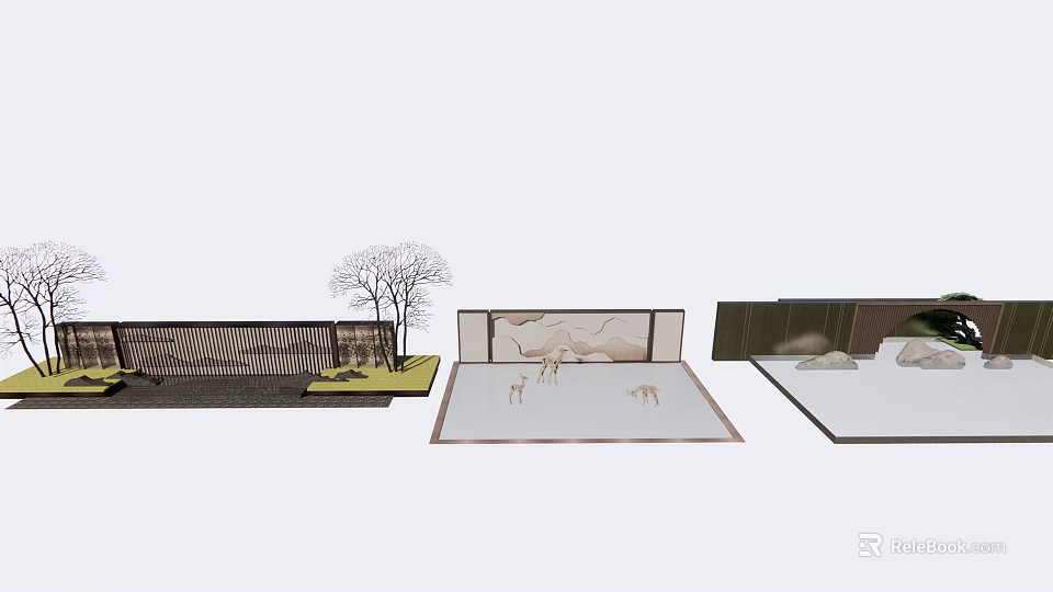 Modern Feature Wall Design With Deer Patterns Tree Decor And Stone Elements 3d model