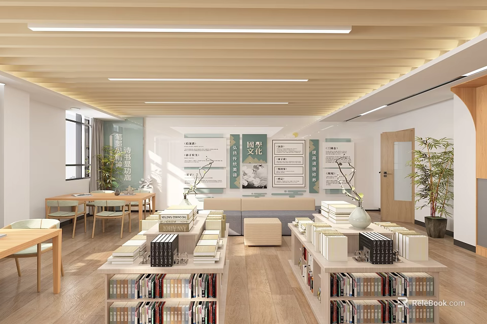 Book Art Display In Bright Interior With Organized Bookshelves Posters And Plants 3d model 