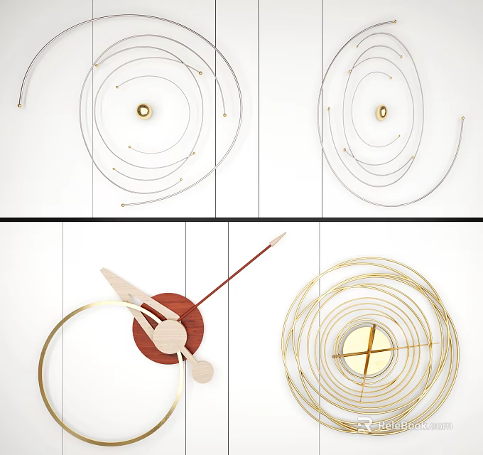 Elegant Modern Wall Decor With Circular Metal Lines Gold Accents And Red Base 3d model 