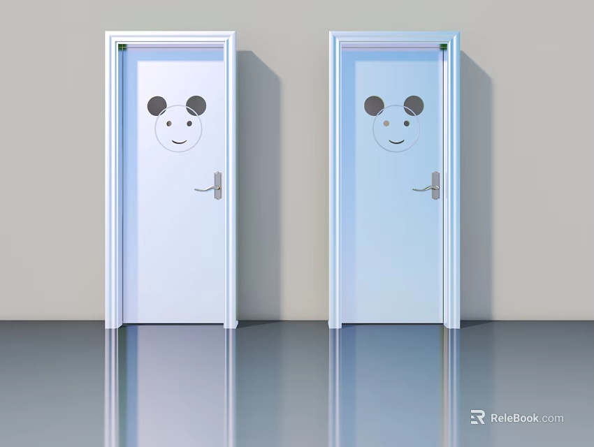 Simple Light Blue Swing Doors With Panda Smiley Face And White Frame Design 3d model