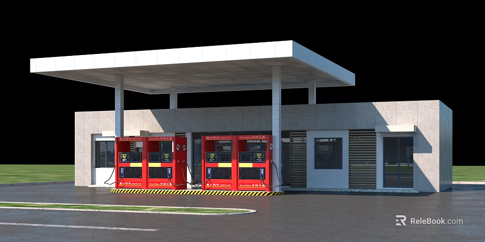 Gas Station Exterior With White Canopy Red Fuel Pumps And Yellow Black Warning Stripes 3d model 