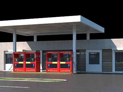 Gas Station Exterior With White Canopy Red Fuel Pumps And Yellow Black Warning Stripes 3d model