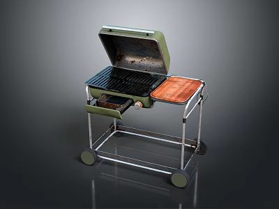 Green Portable Grill With Wheels Metal Stand And Open Lid For Outdoor Cooking 3d model