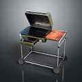 Green Portable Grill With Wheels Metal Stand And Open Lid For Outdoor Cooking