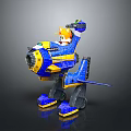 Lego Style Blue Yellow Robot With Cartoon Cat On Mechanical Structure