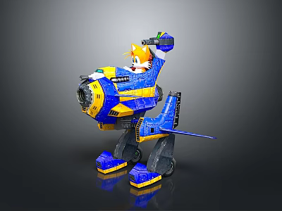 Lego Style Blue Yellow Robot With Cartoon Cat On Mechanical Structure 3d model