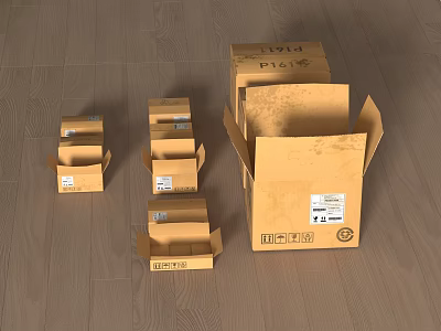Open cardboard boxes of various sizes on wooden floor with labels and text 3d model