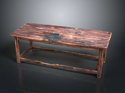 Vintage Wooden Long Table With Natural Wood Grain And Patched Black Marks On Distressed Surface 3d model