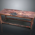 Vintage Wooden Long Table With Natural Wood Grain And Patched Black Marks On Distressed Surface
