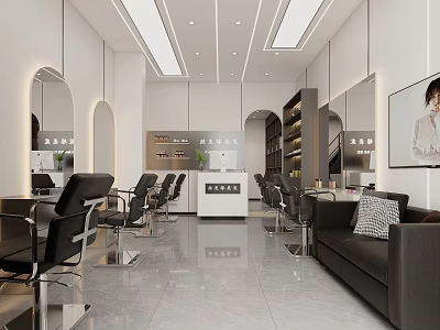 Modern Dining and Living Room Interior With Black Chairs Sofa Mirror And Shelves 3d model