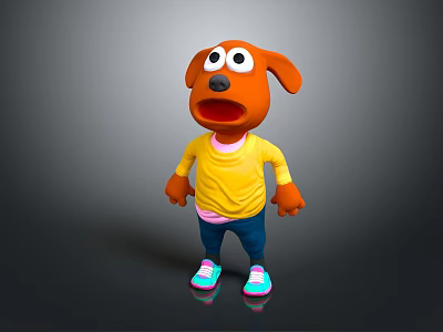 Orange Cartoon Dog Character With Big Eyes Yellow Shirt Blue Pants And Colorful Shoes 3d model
