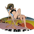 Woman in Black Bikini Relaxing on Beach Chair With Straw Hat Sunglasses on Colorful Rug