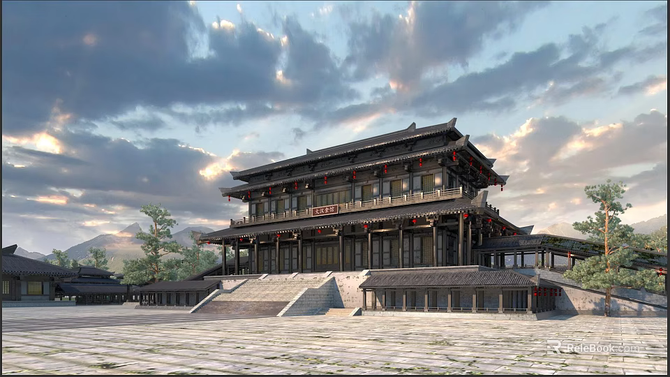 Traditional Ancient Chinese Architecture With Multistory Structure Overhanging Eaves And Stone Steps 3d model 