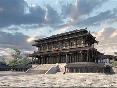 Traditional Ancient Chinese Architecture With Multistory Structure Overhanging Eaves And Stone Steps 3d model