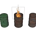 Burning Barrel With Flames Between Rusty And Green Metal Barrels