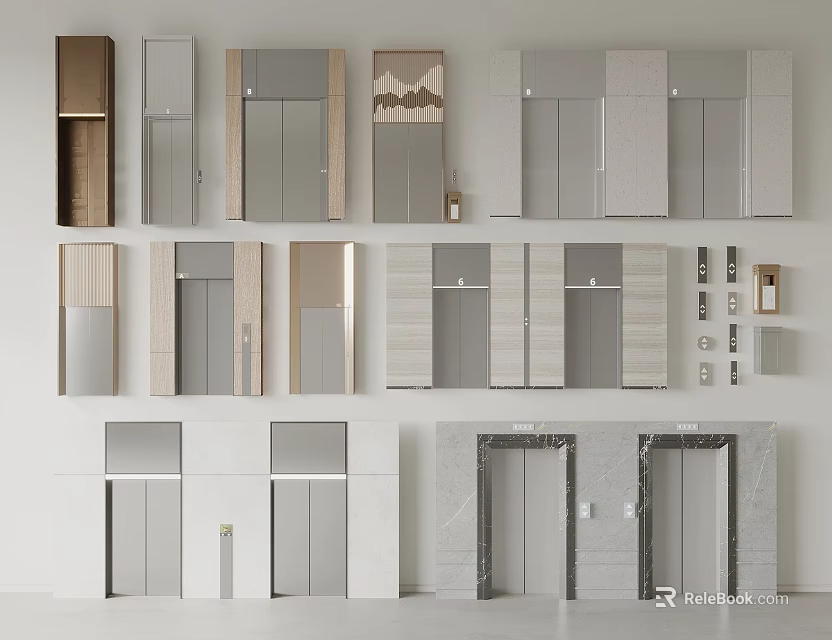 Modern Elevator Door Panel Designs With Various Materials And Control Panels 3d model 