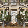 Modern Open Restaurant Interior With Green Sofas Long Table Pendant Lights Greenery And Marble Walls