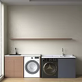Gray And Brown Balcony Cabinet With Washing Machine Sink And White Countertop