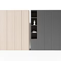 Modern Light And Dark Wardrobe Design With Open Shelves Decorative Items And Books