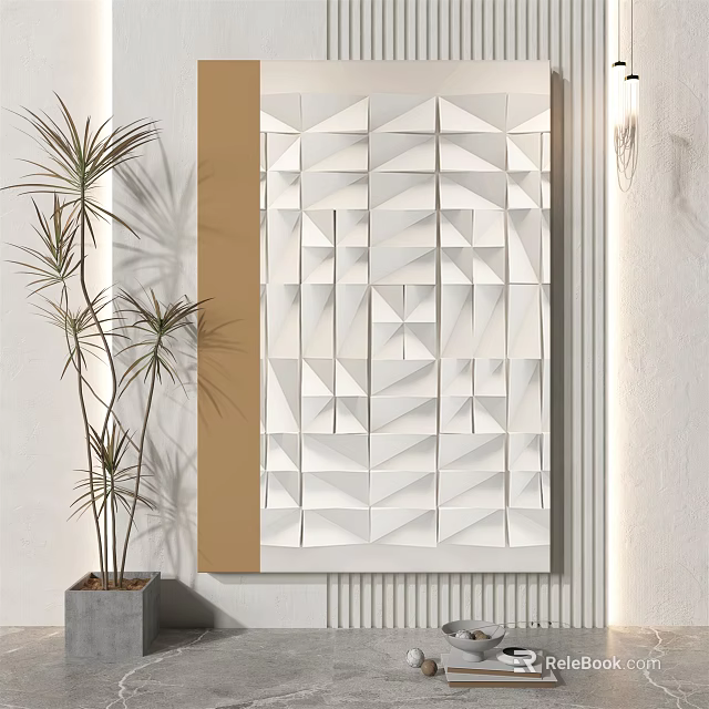 Geometric Pattern Wall Decor With White Panel And Gold Accent Near Potted Plant 3d model