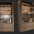 Modern Wine Cabinet With Glass Door Wooden Frame And Interior Dishes Glasses Lighting
