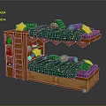 Wooden Kids Bunk Bed With Green Star Pattern Mattress And Colorful Pillows