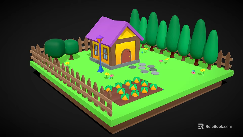 Cartoon House With Purple Roof Yellow Walls Wooden Fence Green Trees Vegetable Garden And Path 3d model 
