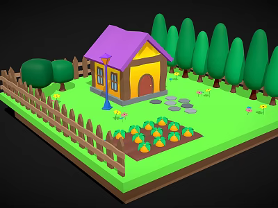 Cartoon House With Purple Roof Yellow Walls Wooden Fence Green Trees Vegetable Garden And Path 3d model