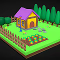 Cartoon House With Purple Roof Yellow Walls Wooden Fence Green Trees Vegetable Garden And Path