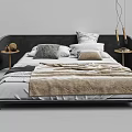 Modern Double Bed Design With Dark Headboard Patterned Pillows Soft Blanket And Bedside Lamps 3d model