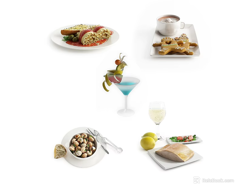 Assorted Delicious Food Including Sandwiches Soup Waffles Cocktail Nuts And Fish Fillet 3d model 