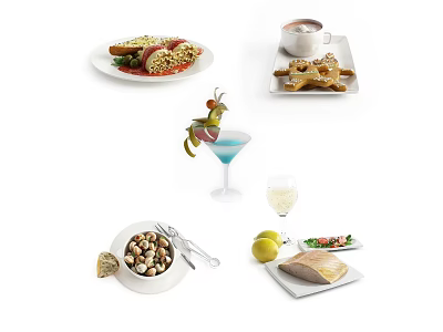 Assorted Delicious Food Including Sandwiches Soup Waffles Cocktail Nuts And Fish Fillet 3d model