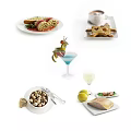 Assorted Delicious Food Including Sandwiches Soup Waffles Cocktail Nuts And Fish Fillet