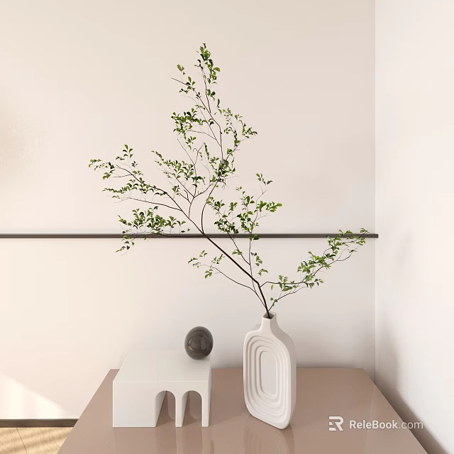 Green Branches in White Vase on White Cabinet with Black Spherical Decoration and White Wall 3d model 