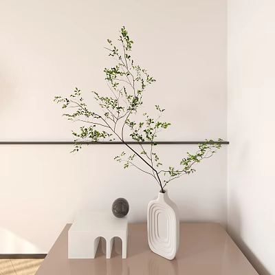 Green Branches in White Vase on White Cabinet with Black Spherical Decoration and White Wall 3d model