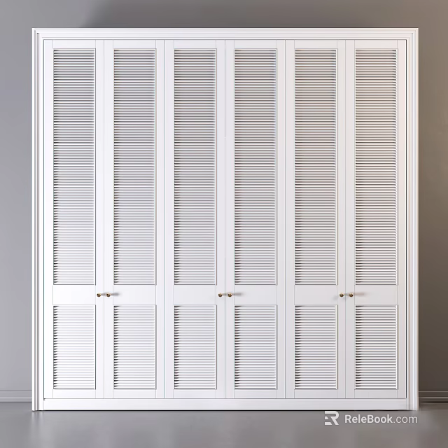 Stylish White Modern Wardrobe With Louvered Doors And Built in Design 3d model 