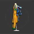 Stylish Yellow Dress With Blue Shoulder Details And Green Cuffs Displayed On Mannequin