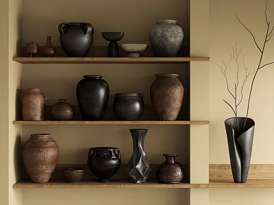 Ceramic Vessels Displayed on Wooden Shelves with Various Colors and Different Shapes 3d model