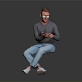 Man Sitting Using Smartphone Wearing Gray Sweater Light Blue Jeans White Shoes Against Gray Background