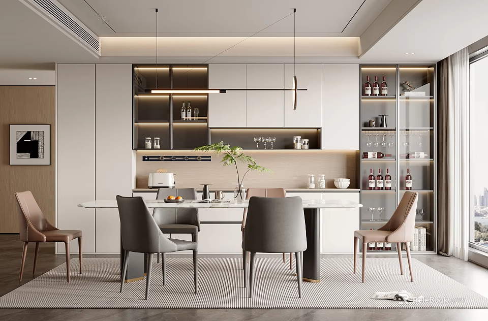 Modern Open Dining Room Interior With Dining Table Chairs Pendant Lights And Wine Cabinet 3d model 