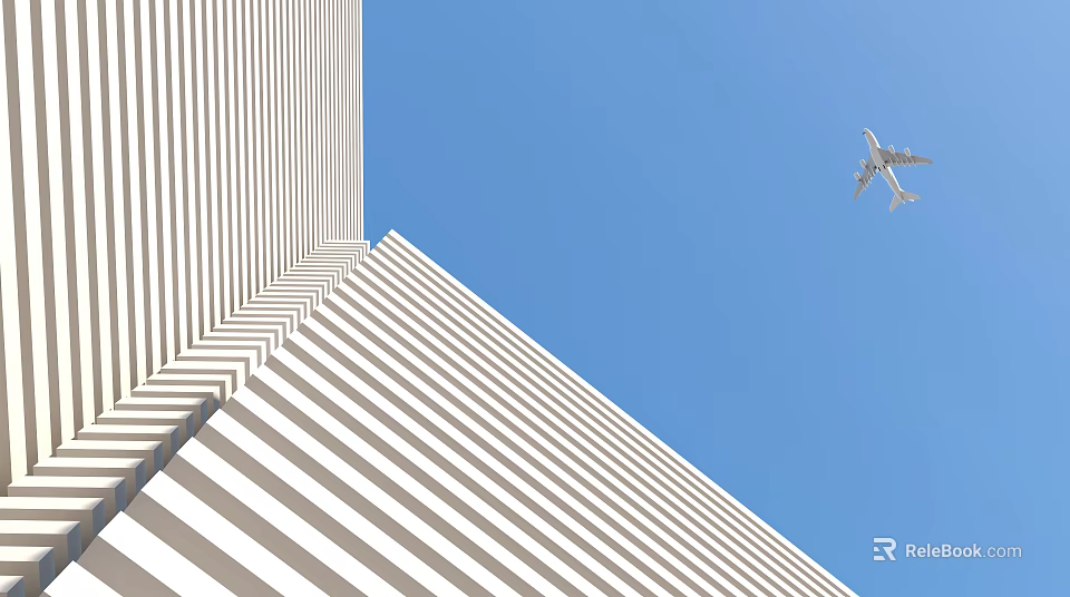 White Striped Modern High Rise Building Against Clear Blue Sky With Flying Airplane 3d model 