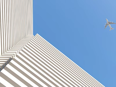 White Striped Modern High Rise Building Against Clear Blue Sky With Flying Airplane 3d model