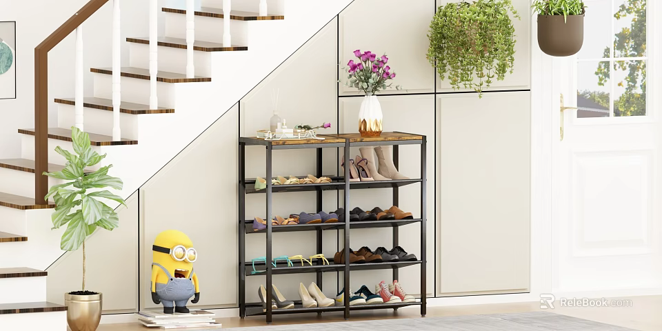 Modern Multi tier Shoe Rack With Shoes Minion Toy And Green Plant Near Staircase 3d model 