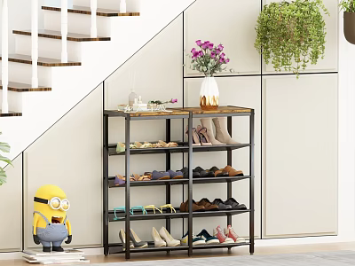 Modern Multi tier Shoe Rack With Shoes Minion Toy And Green Plant Near Staircase 3d model