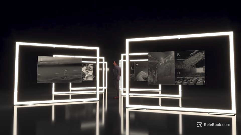 Elegant Modern Display Cabinets With LED Lighting And Artwork Exhibits 3d model 