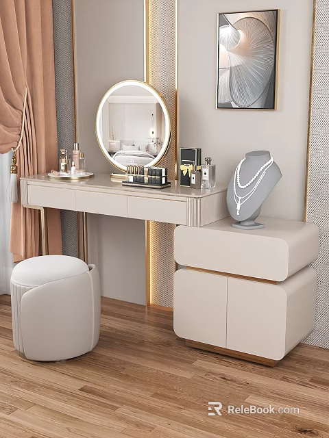 Modern Dressing Table with Round Mirror Cosmetics Necklace Stool and Drawer Cabinet 3d model 