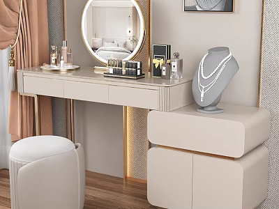 Modern Dressing Table with Round Mirror Cosmetics Necklace Stool and Drawer Cabinet 3d model