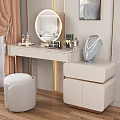 Modern Dressing Table with Round Mirror Cosmetics Necklace Stool and Drawer Cabinet