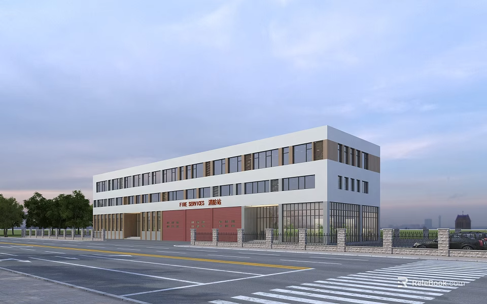 Modern Fire Station Building With Red Entrance Doors And Large Windows Exterior 3d model 