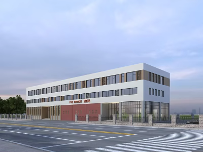 Modern Fire Station Building With Red Entrance Doors And Large Windows Exterior 3d model